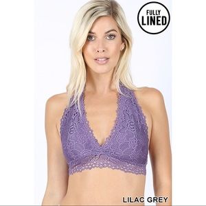 ZOE LACE HALTER BRALETTE IN LILAC GREY